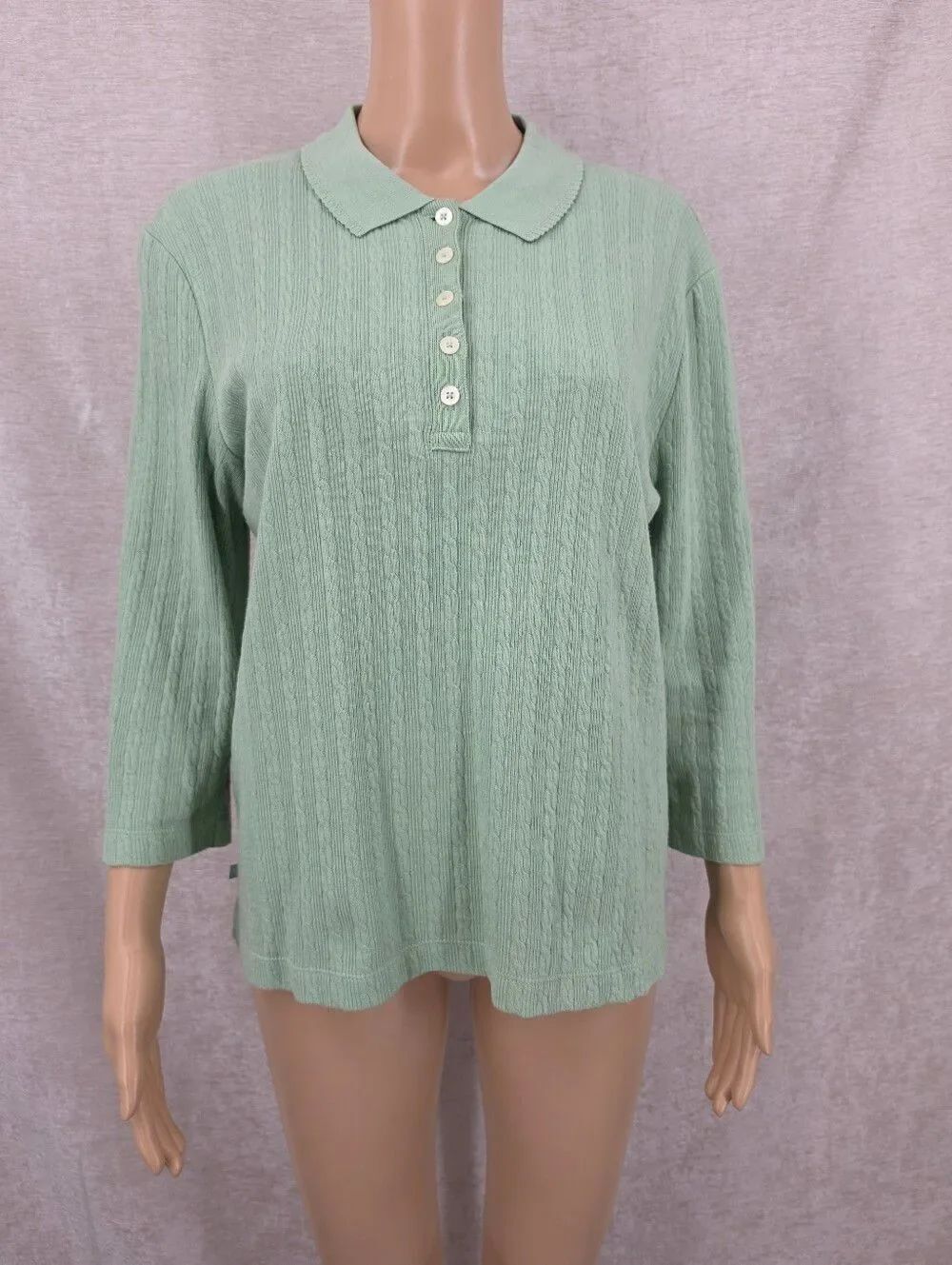 Lauren Ralph Laurem Cable Ribbed Knit Polo Top Light Sage Green 3/4 Sleeves Y2K